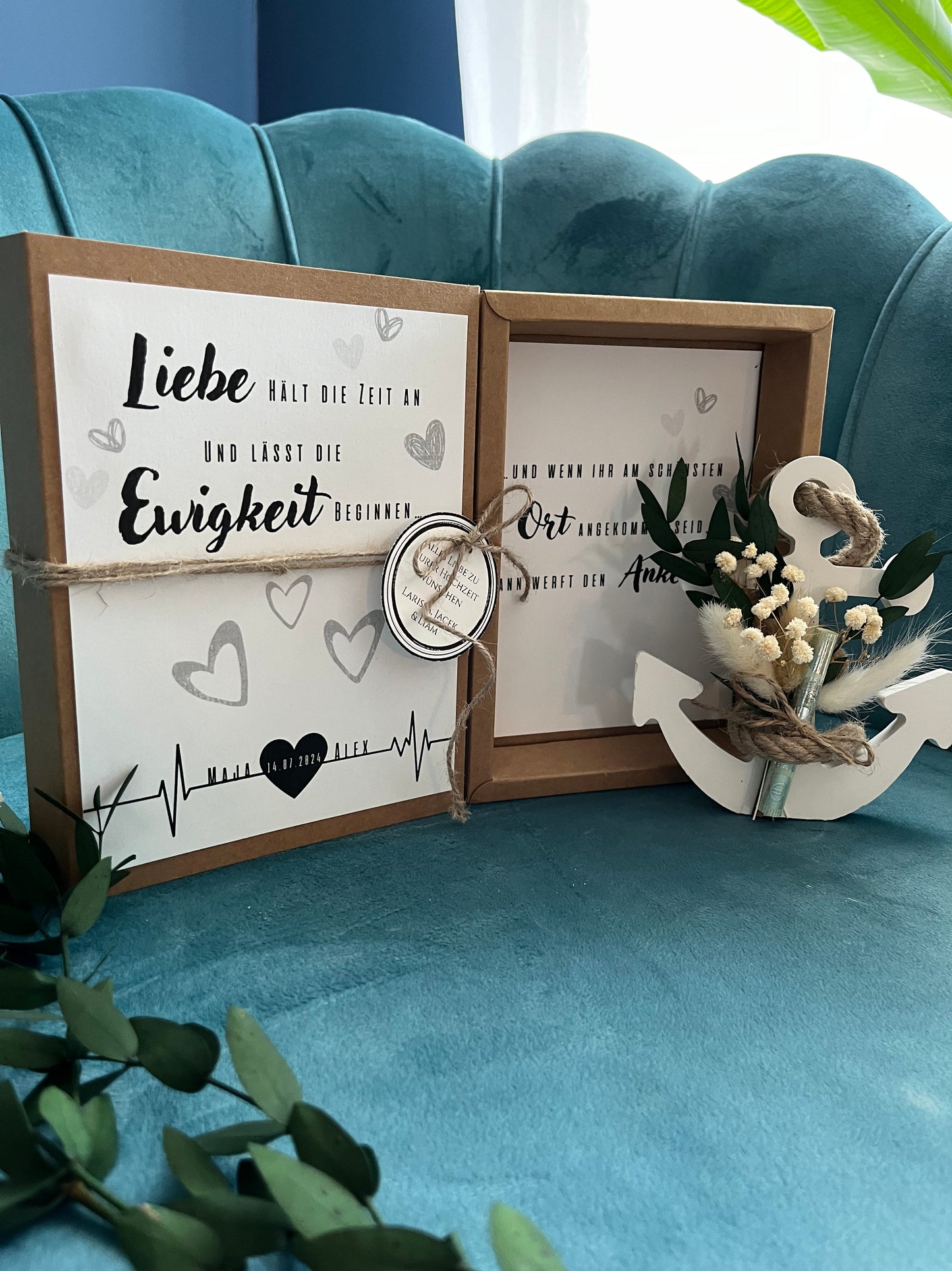 Geldgeschenk - Hochzeit mit Trockenblumenstrauß und Anker