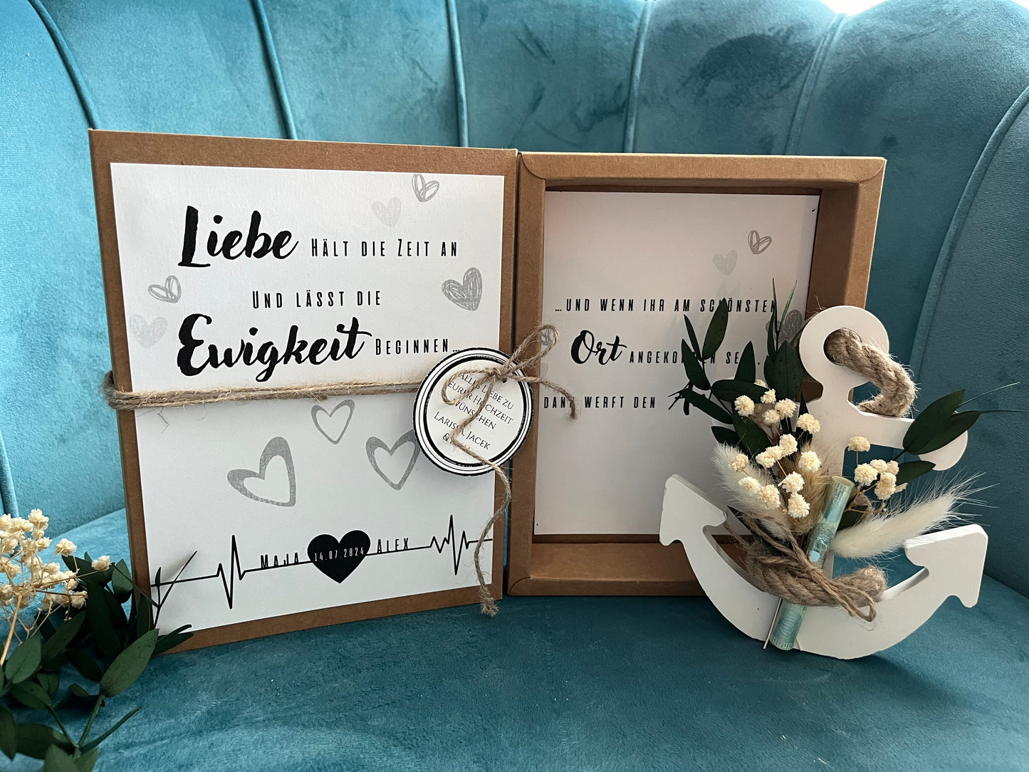 Geldgeschenk - Hochzeit mit Trockenblumenstrauß und Anker