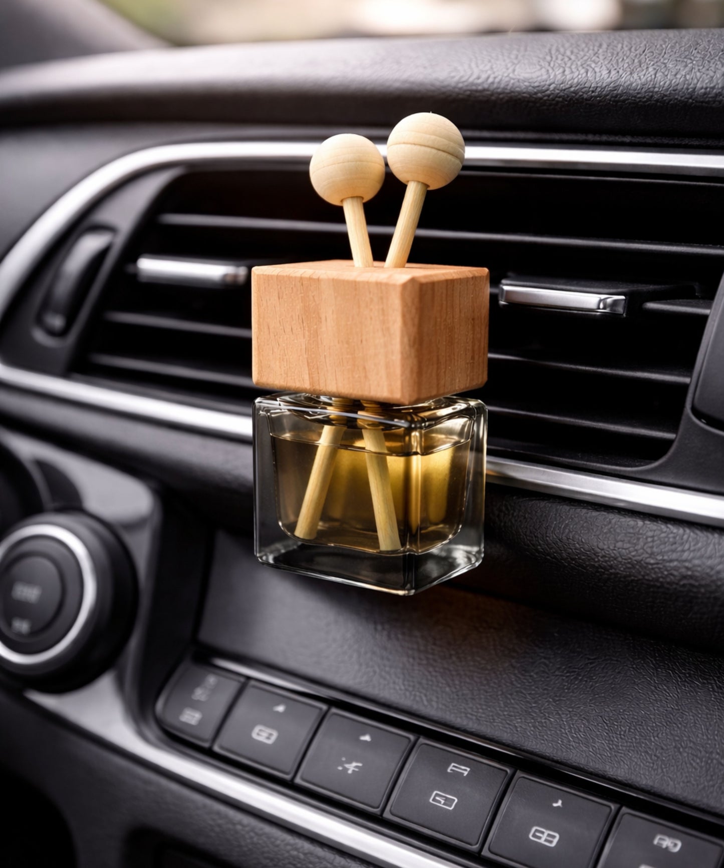 Eleganter Auto-Duftdiffuser aus Glas mit Holzdeckel und Duftstäbchen, angebracht im Fahrzeuginnenraum. Der minimalistische Car Diffuser sorgt für eine stilvolle Atmosphäre und verbreitet einen angenehmen, dezenten Duft während der Fahrt. Modernes Design passend zu cleanem Interior- und Lifestyle-Stil.