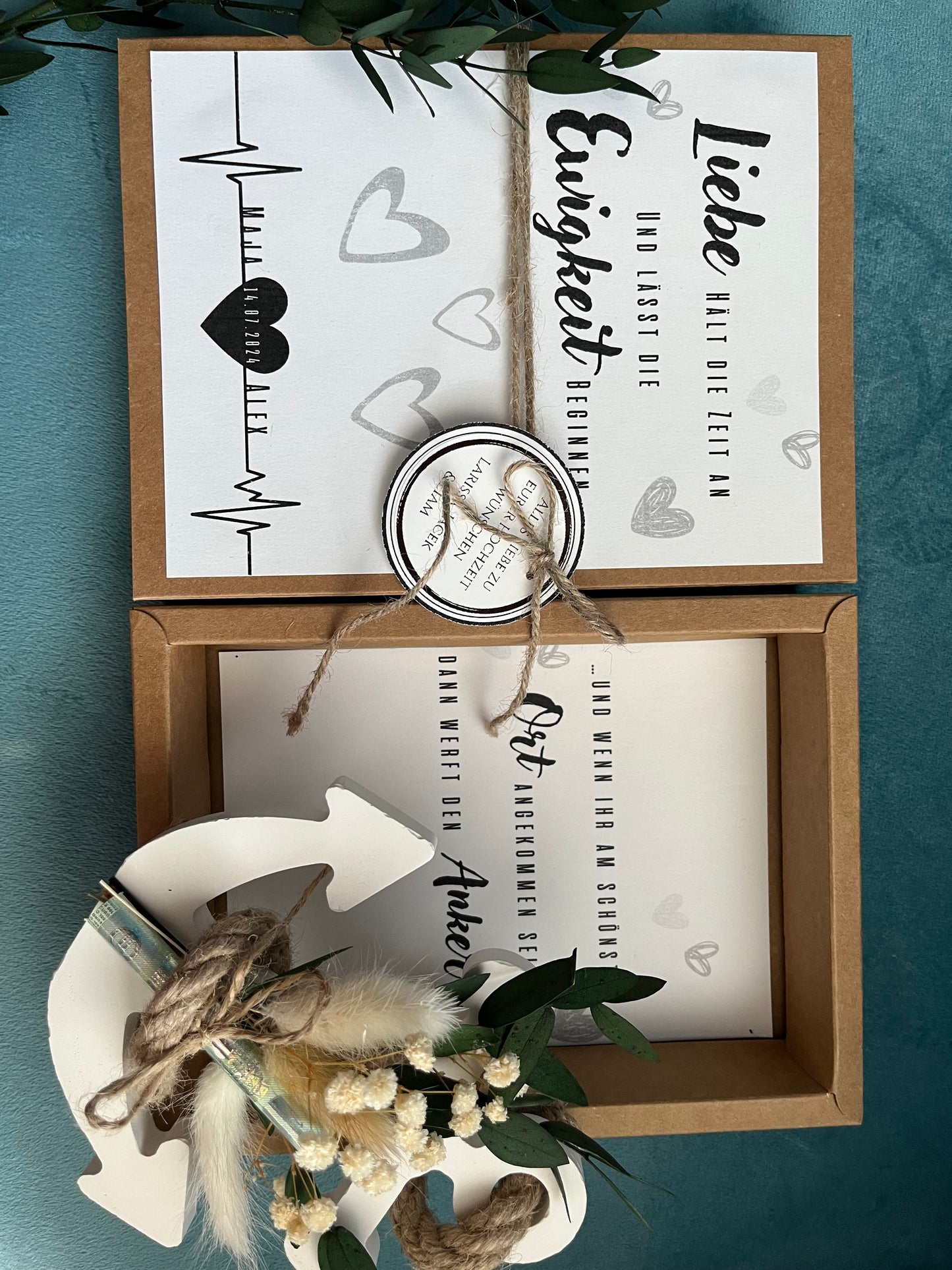 Geldgeschenk - Hochzeit mit Trockenblumenstrauß und Anker